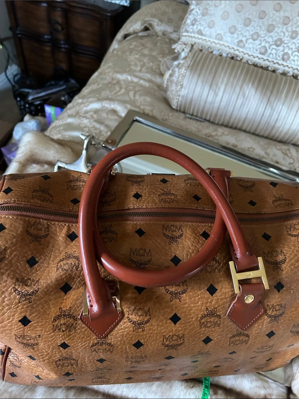 MCM Cognac Visetos Monogram Duffel with Tan Leather Trim EUC … comes with COA